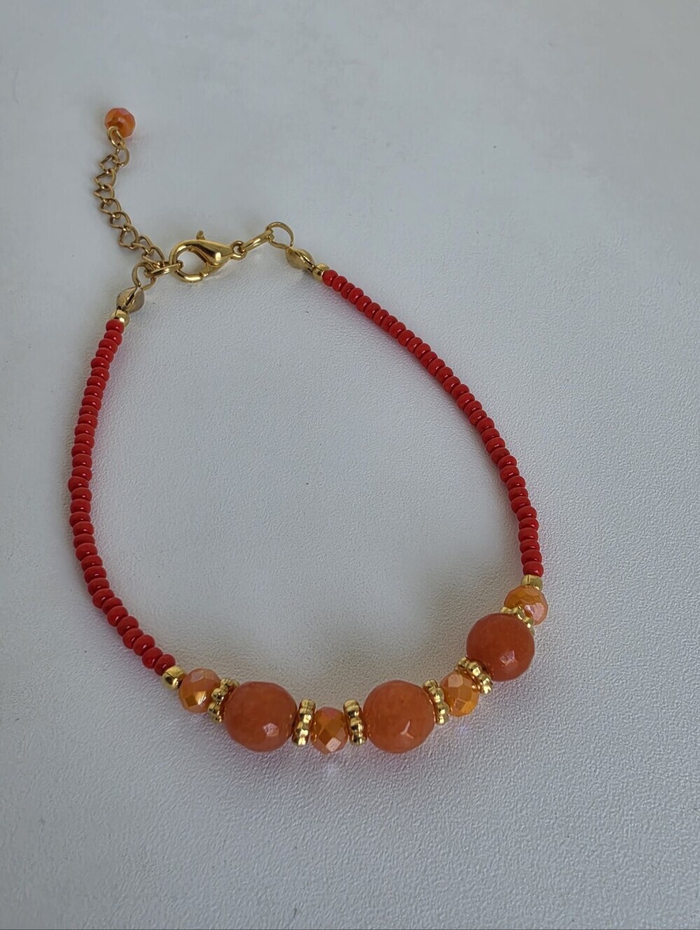 Orange Agate Beaded Bracelet Red Seed Beads Gold Plated Handmade 7"+2" - Picture 2 of 8